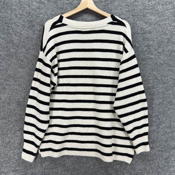 H&M Sweater Pullover Women M Medium White Striped V-Neck Long Sleeve Knit Wool - Picture 2 of 7